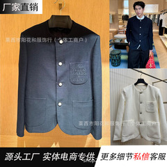 Vファミリー 25ss スモールフレグランスポケット刺繍ウールスモールフレグランスノーカラージャケット メンズ ハイエンドデザイン肩パッドジャケット