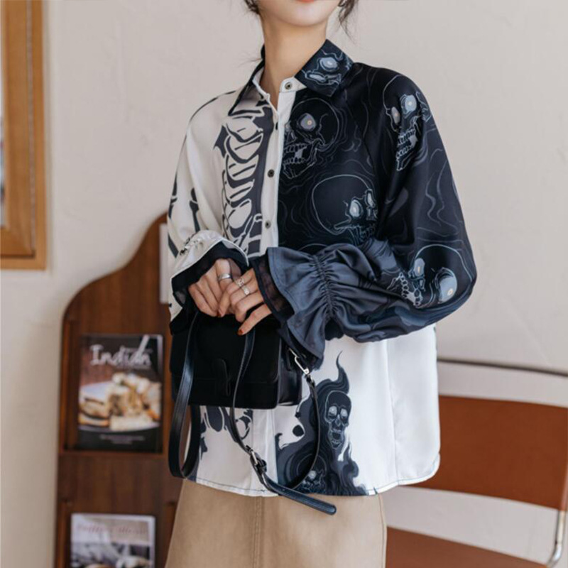 复古原宿风骷髅印花衬衫速卖通亚马逊2021春秋灯笼袖衬衫女
