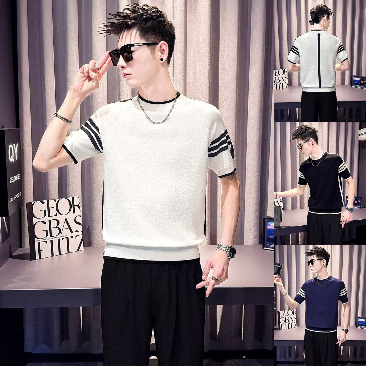 Polo camiseta de punto camiseta de manga corta hombre tres barras TB rayas tricolores aberturas camiseta vieja fábrica de viento de dinero transfronterizo mayorista