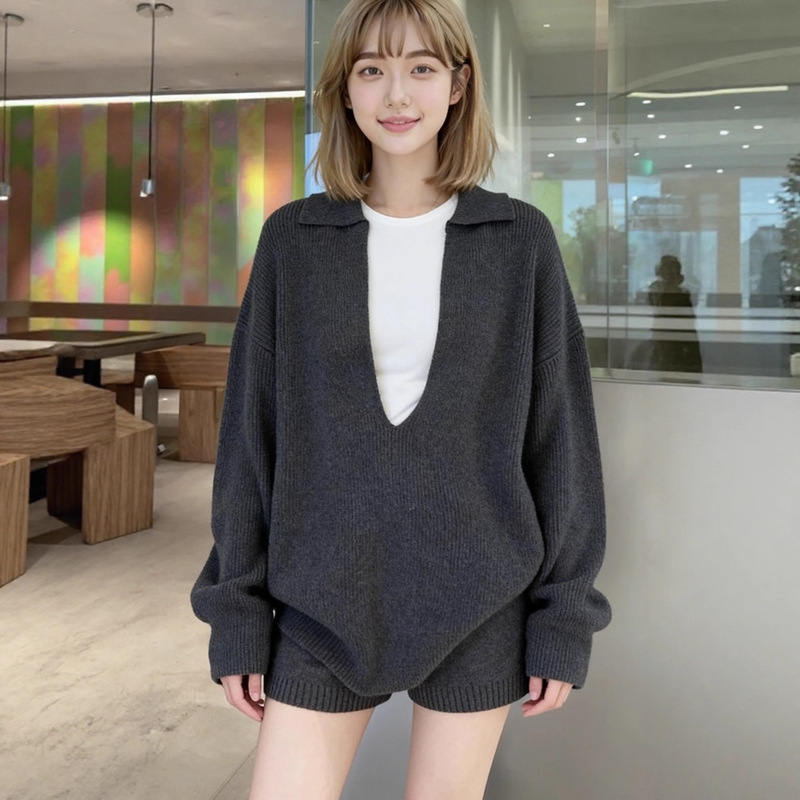 Lazy and Relaxed Large V-Neck Knitted Long-Sleeved Women's Sweater Autumn and Winter New Loose Slim Knitted Shorts Suit