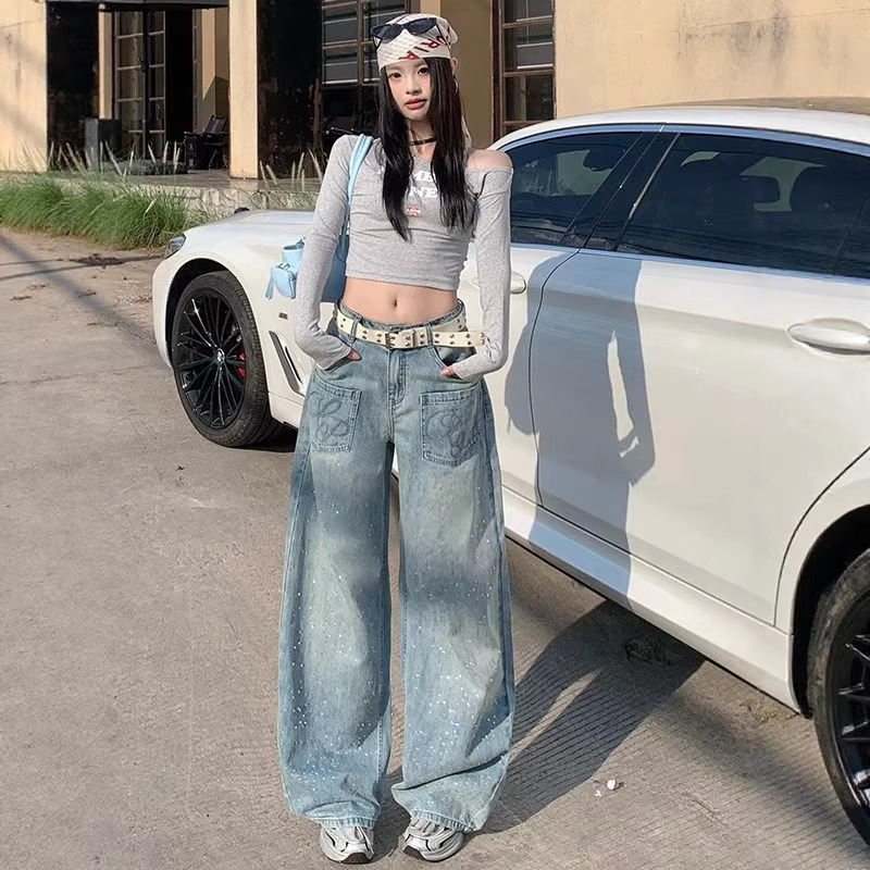 American-Style Embroidered Rhinestone Wide-Leg Jeans for Women, Low-Waist, Pear-Shaped Body, Loose Straight-Leg, Floor-Length Wide-Leg Pants American-Style Embroidered Rhinestone Wide-Leg Jeans for Women, Low-Waist, Pear-Shaped Body, Loose Straight-Leg, Floor-Length Wide-Leg Pants