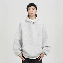 跨境外贸纽扣装饰连帽卫衣男秋冬款加绒宽松休闲纯色百搭美式外套