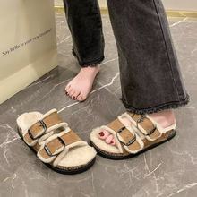 2025新款冬季厚底一字拖外穿加绒博肯拖鞋秋冬女鞋毛毛鞋家居棉鞋