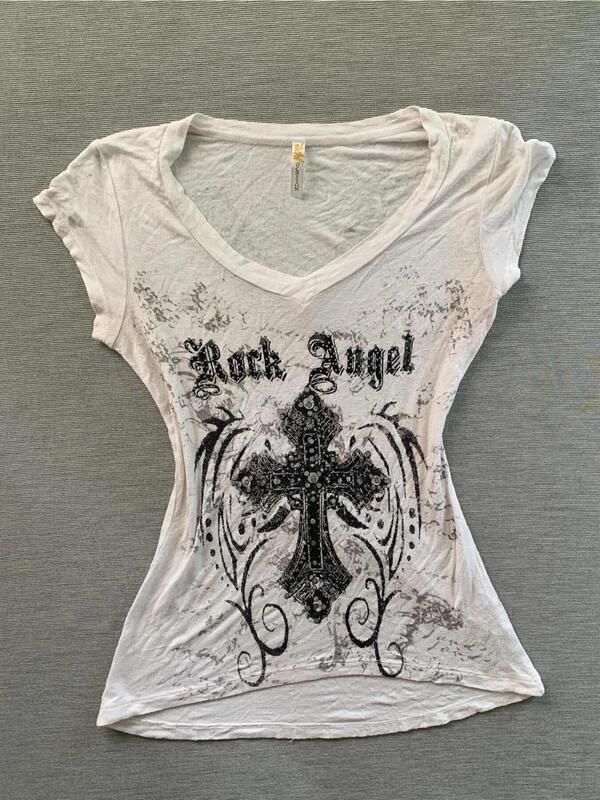 American Retro Distressed Print White Fashion Short-Sleeved T-Shirt Vintage Central Asian Punk Hot Girl Slim Fit Top Summer American Retro Distressed Print White Fashion Short-Sleeved T-Shirt Vintage Central Asian Punk Hot Girl Slim Fit Top Summer