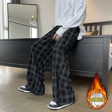 加绒灯芯绒格子卫裤男款秋冬季潮牌宽松直筒运动长裤阔腿休闲裤子