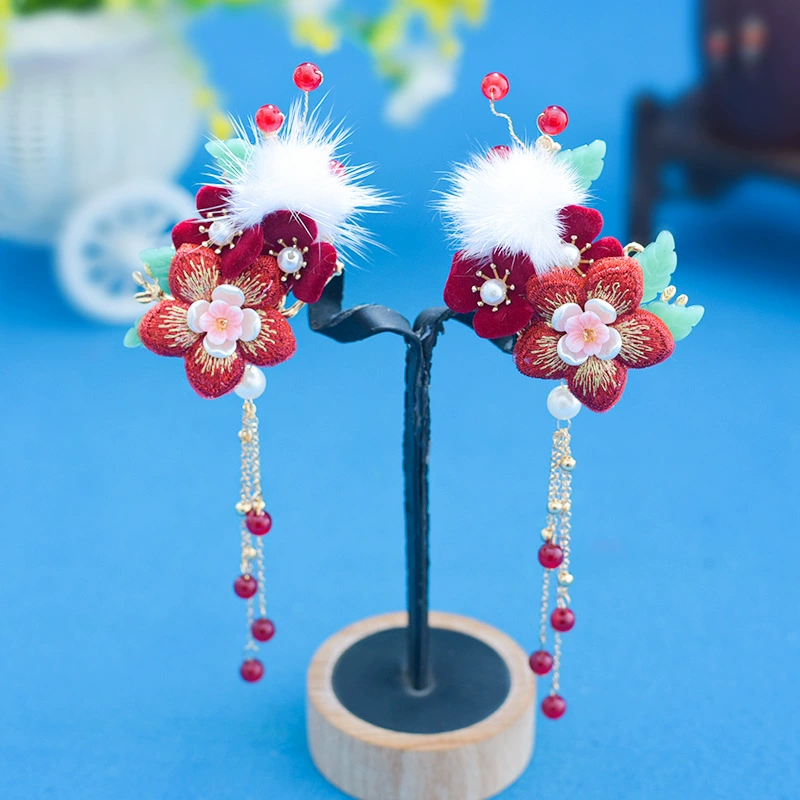 Древний стиль красный цветок ханьфу головной убор китайский стиль шпилька для волос аксессуары для девочек боковой зажим сладкий костюм с зажимом для принцессы