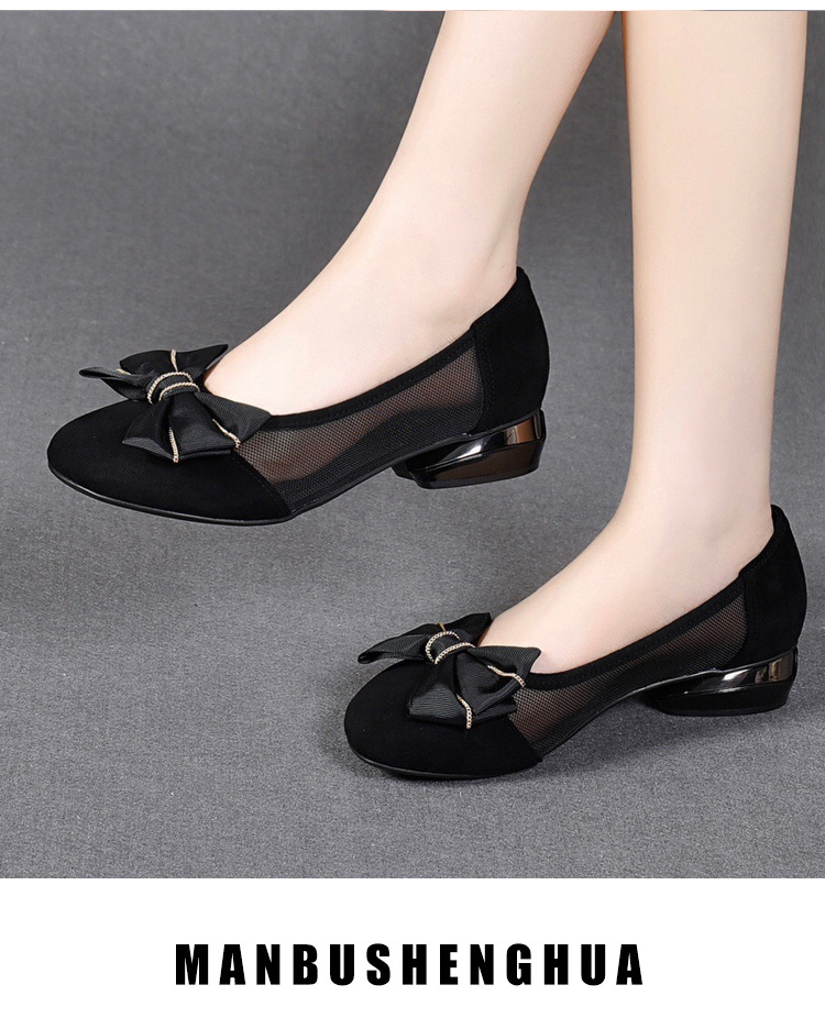 Giày da nữ mũi tròn gót thô đế mềm nơ bướm lưới thoáng khí — Màu đen chi tiết 13