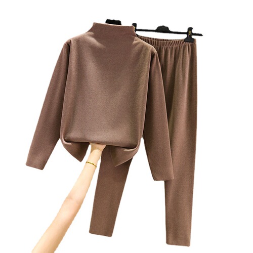 German half-high collar long-sleeved warm set autumn and winter version padded and thick base shirt and pants double-sided plush monochrome underwear