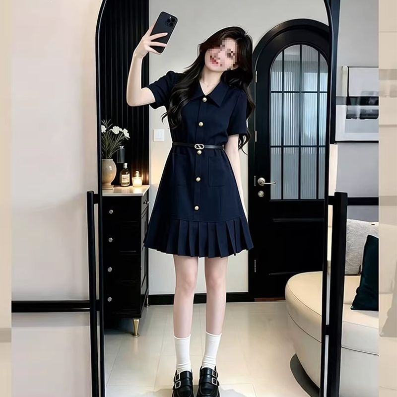 Váy ngắn tay kiểu Pháp xếp nếp thắt eo chữ A — Màu xanh da trời (thắt lưng) chi tiết 1