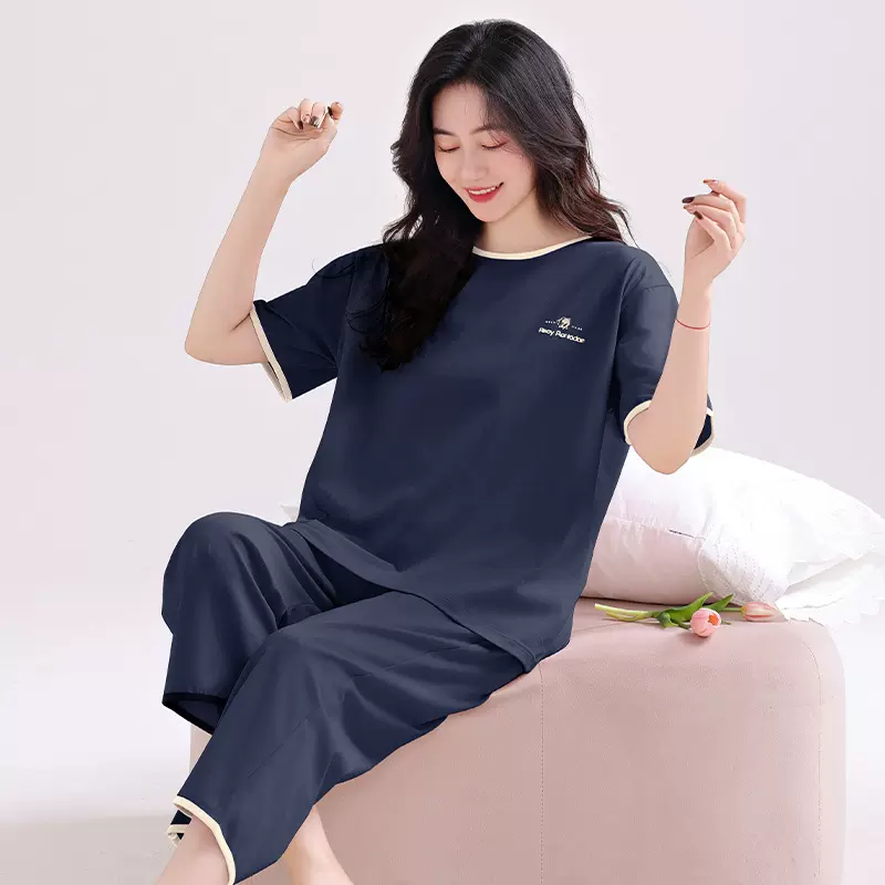 短袖七分裤睡衣女夏纯棉套头宽松大码可外穿薄款带胸垫家居服女