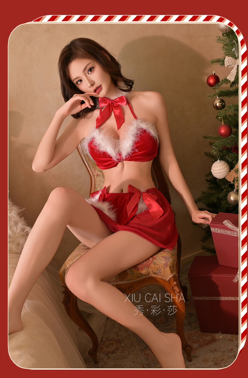 Christmas Cosplay Lingerie Set with Top, Skirt, Panties and Bow Stockings — detail image 10