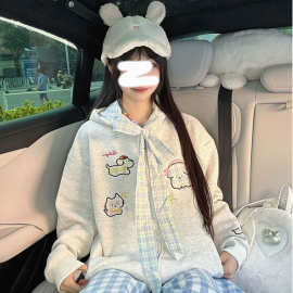 设计感长袖拼接外套女秋冬格纹蝴蝶结学院风连帽开衫卫衣女ins潮