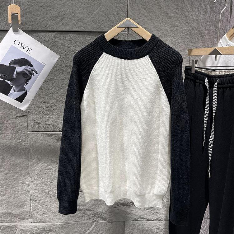 대조적 인 RAGLAN 소매 라운드 넥 스웨터 남성용 트렌디 브랜드 가을과 겨울 느슨한 캐주얼베이스 탑 스웨터