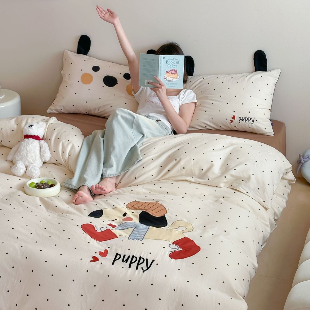 베이비 하우스 면 더블 레이어 원사 4 피스 세트 어린이 퀼트 커버 침대 시트 귀여운 패딩 한국식 침구