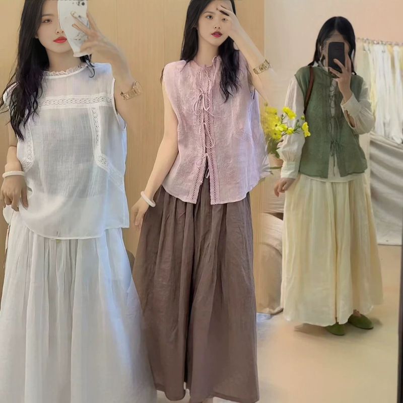 2026 Summer New Style Ramie Embroidered Vest for Women, Lace-Up Reversible Top, Sleeveless Cardigan