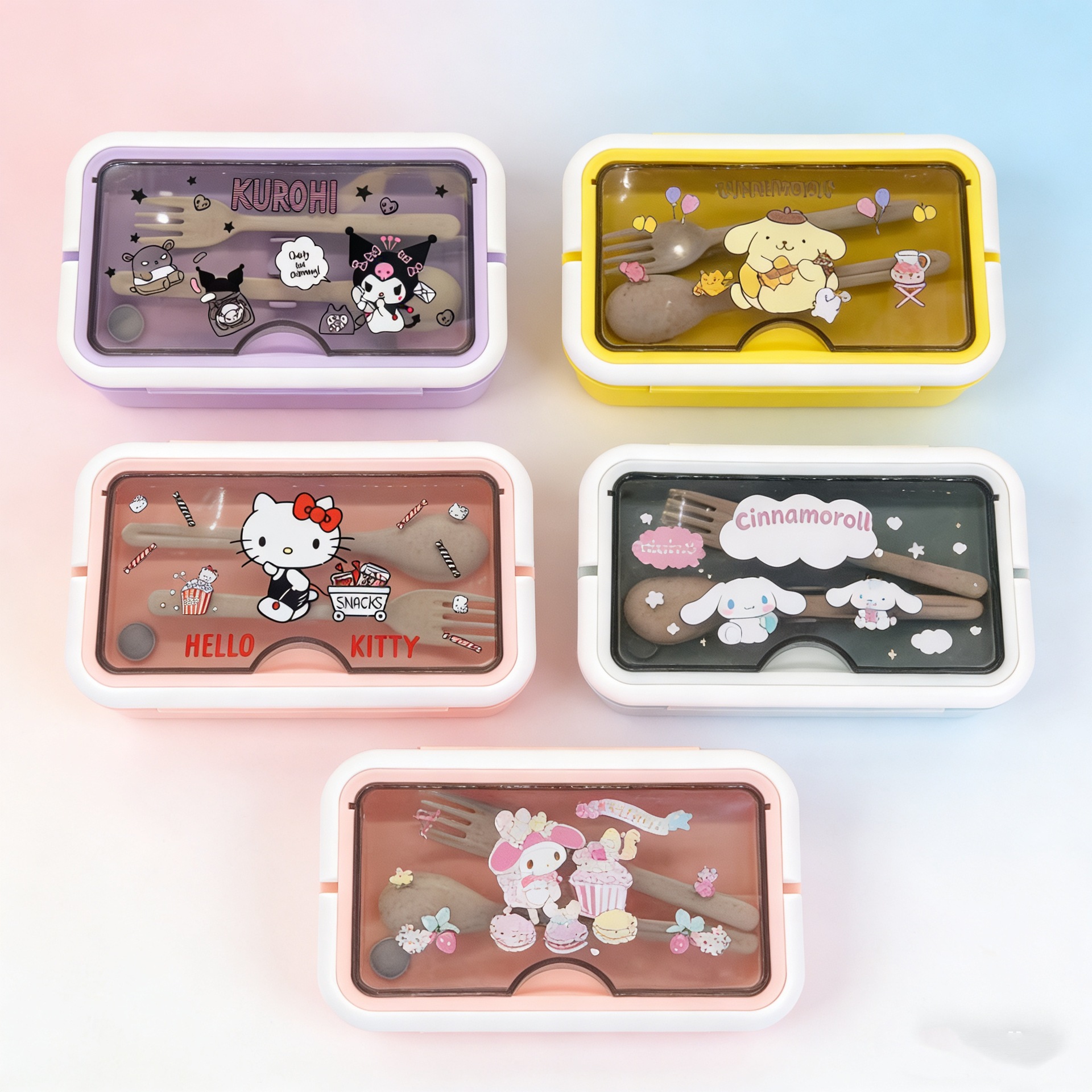 Sanrio 만화 학생 도시락 전자 레인지 일본 식기 칸막이 손잡이 도시락 플라스틱 사각형 패스트 푸드 상자