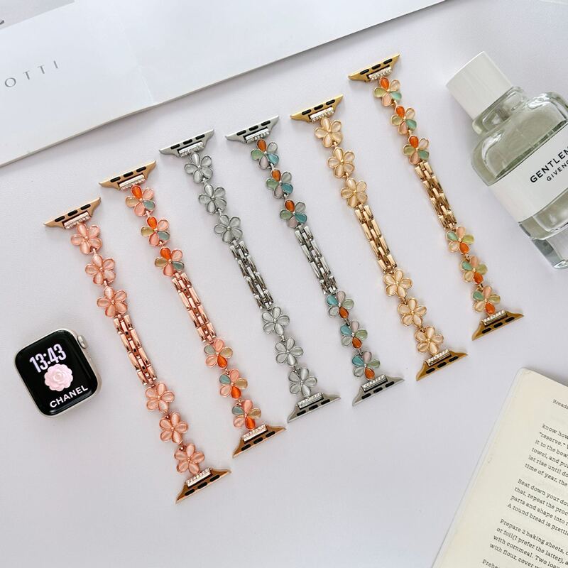Five-Petal Flower Zinc Alloy Chain Watch Strap Suitable for Apple Watch Wristband Iwatch56789Se Smart Watch