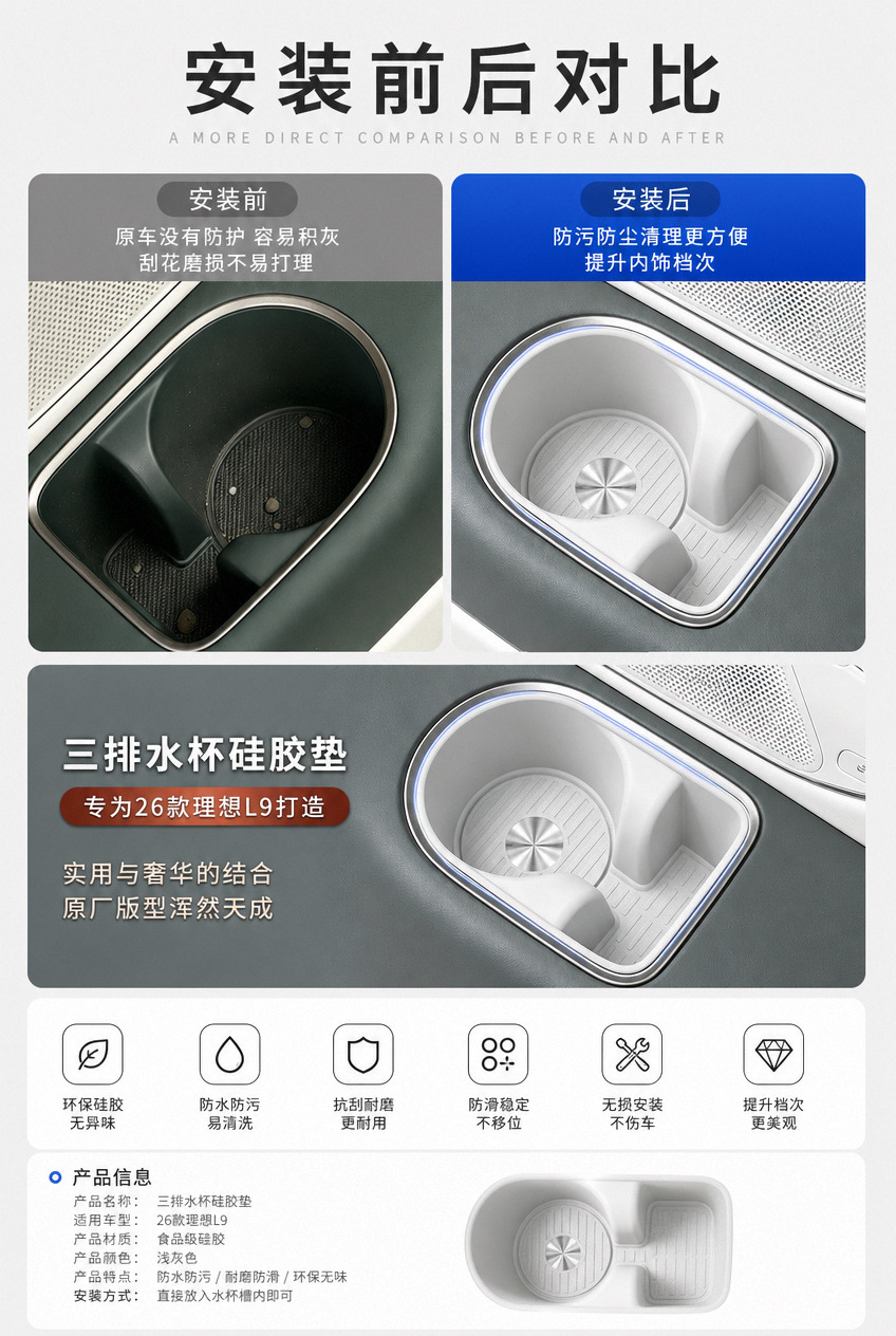 Suitable for 26 models of the Ideal L9, silicone mat for three-row cup holders, non-slip cup covers, car interior decoration upgrade and modification accessories