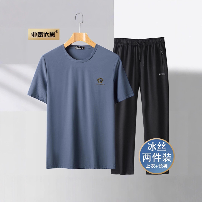 Summer Ice Silk Casual Men's Suit Middle-Aged Dad Short-Sleeved T-Shirt Pants Two-Piece Set Middle-Aged and Elderly Grandpa Clothes