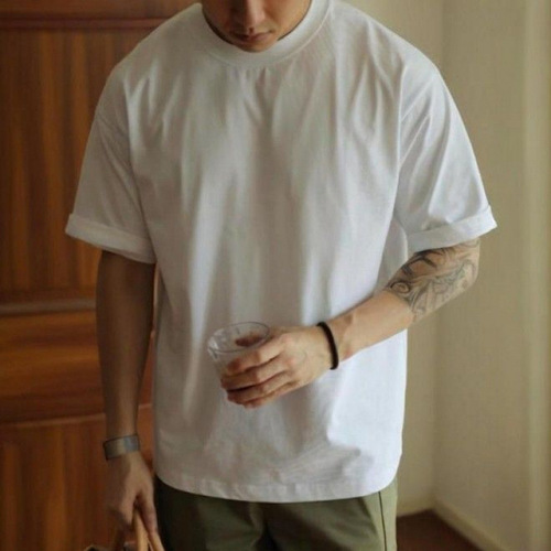 Three-needle American 300g heavy cotton short-sleeved T-shirt, men's pure color retro workwork base shirt, half sleeves loose