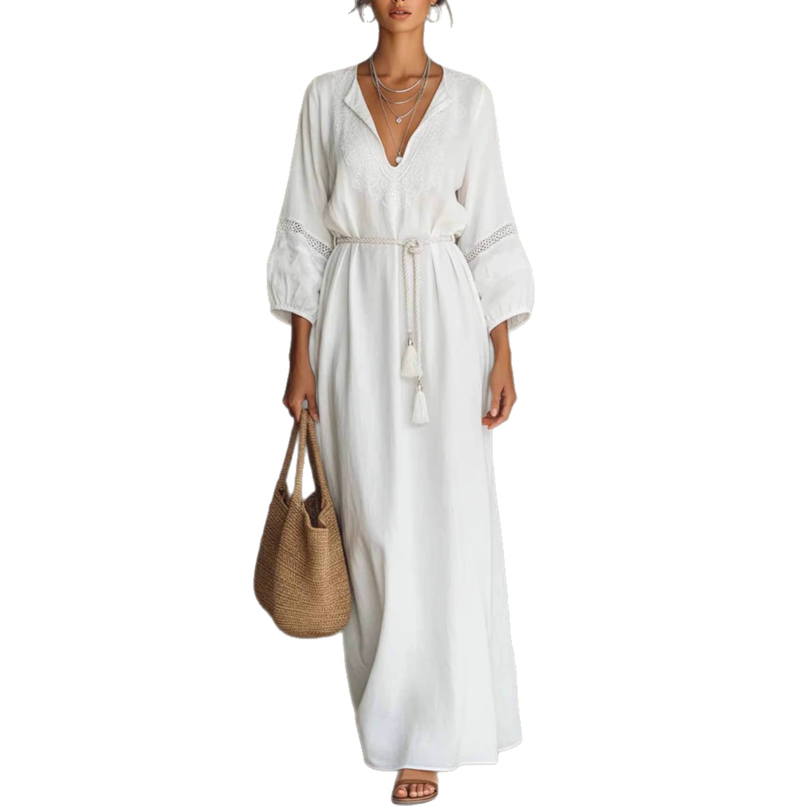 Europäisches und amerikanisches grenzüberschreitendes unabhängiges Standort-Kleid, lässig, locker, im Bohème-Stil, Baumwoll-Leinen, für den Urlaub, neu_voghion.com