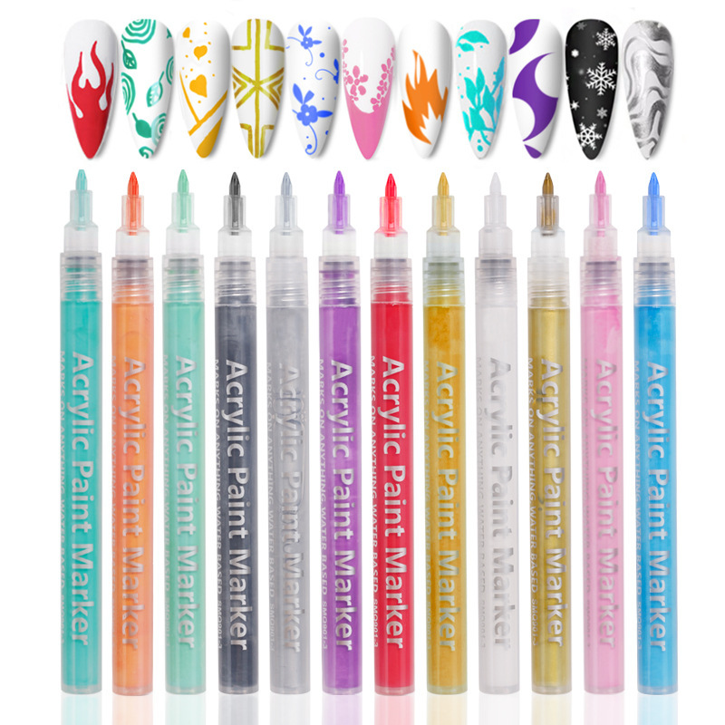 Nail art painting graffiti pen acrylic marker pen color hand-painted dot flower hook line DIY nail baking-free black and white watercolor