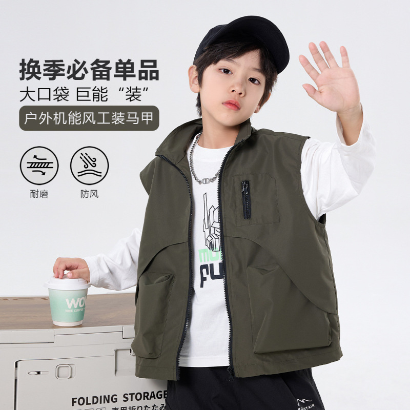 Boys' Cargo Vest 2025 New Autumn Outfit for Older Children, Functional Style Vest Jacket, Trendy Boys' Cargo Vest 2025 New Autumn Outfit for Older Children, Functional Style Vest Jacket, Trendy