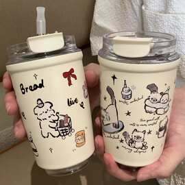 不锈钢手绘保温杯猫猫ins高颜值吸管可爱咖啡杯随手韩版女水杯