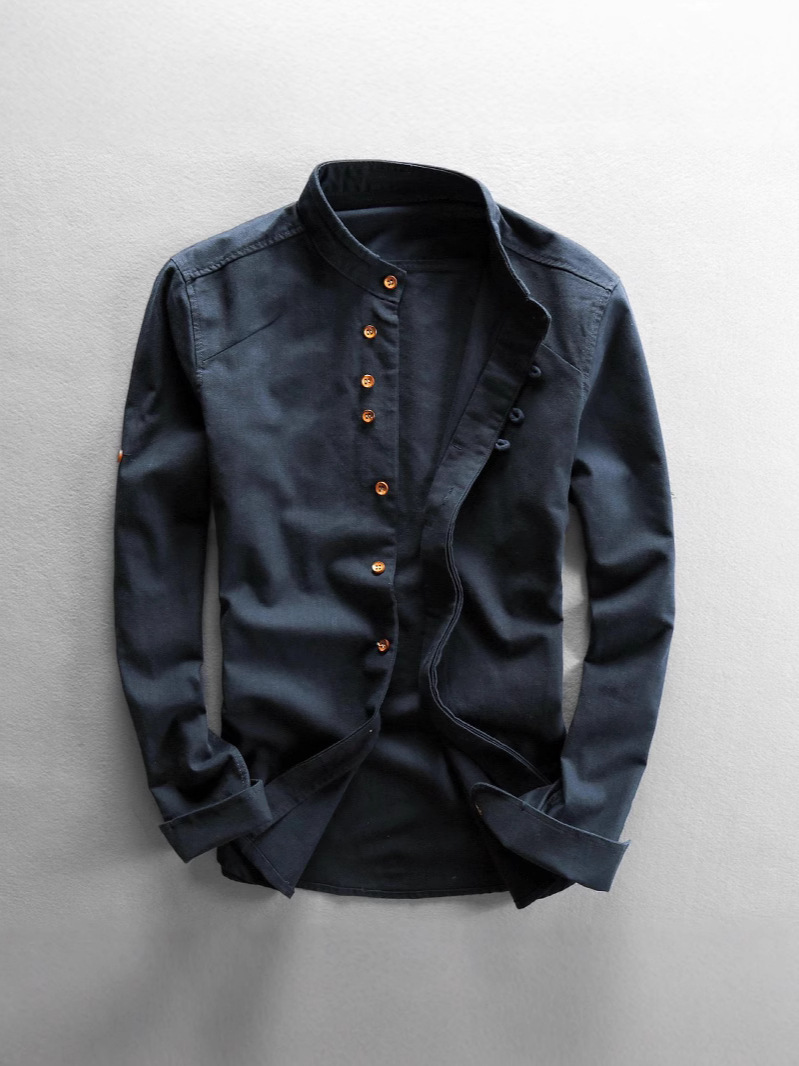 2025春季装新款男士休闲亚麻衬衫绅士风立领 独立站 wish棉麻衬衣