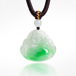 Natural Burmese A-Grade Jadeite Floating Green Buddha with Big Belly and Smiling Buddha Ice Jade Pendant Men's and Women's Necklace Pendant