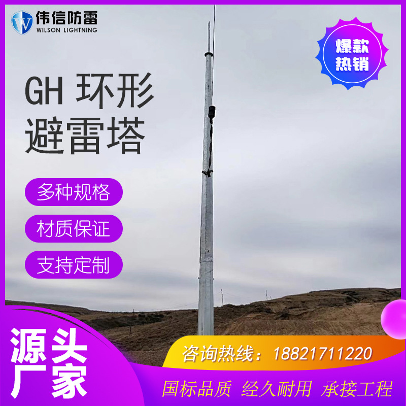 伟信13米环形管避雷塔 GH-8钢管杆避雷针塔 油库独立接闪杆塔