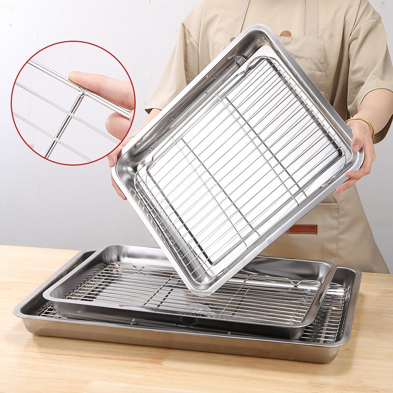 Stainless steel square plate with net oil control rack commercial tray water filter oil filter plate cooked food display plate barbecue spreading plate Stainless steel square plate with net oil control rack commercial tray water filter oil filter plate cooked food display plate barbecue spreading plate