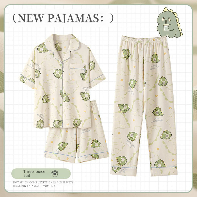 여성용 여름 세눈 파자마 봄, 가을, 여름 순면 3 피스 반팔 2024 신작 가디건 홈웨어 세트