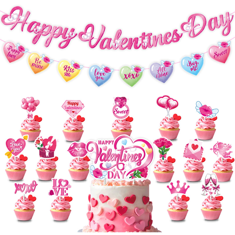 情人节派对装饰 Happy Valentines Day拉旗蛋糕插牌气球场景布置|undefined