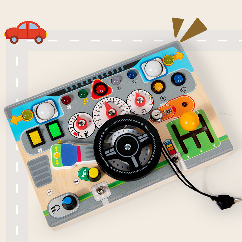 Tablero de actividades Montessori para niños pequeños: volante de coche para el aprendizaje temprano, simulación de conducción, rompecabezas para abrir cerraduras