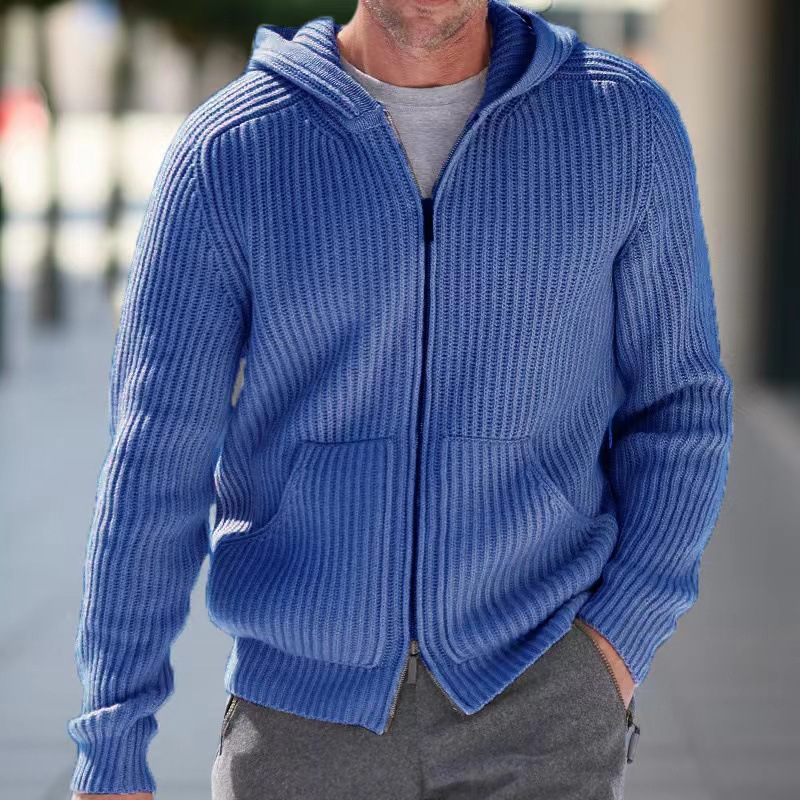 Casual Pullover Männer Jacken Stricken Langarm Zip-up Pullover Strickjacken für Herren Herbst Freizeit Reine Farbe Gestrickte Kapuzenmantel_voghion.com