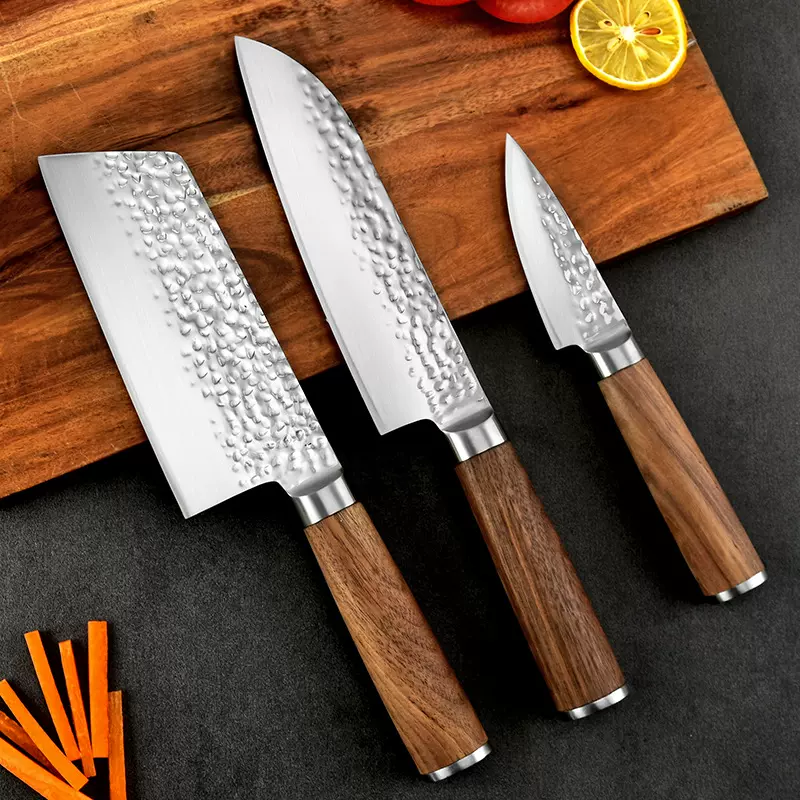 德国锤纹锻打不锈钢菜刀3件套 胡桃木柄切肉刀厨房刀具套装带刀架
