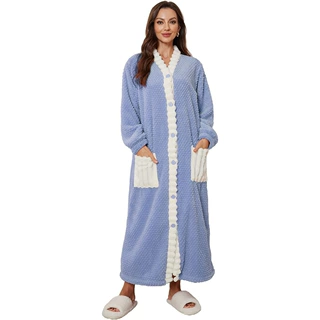 荣太女士长款加厚绒毛和服式浴袍带口袋纽扣式睡袍S-XXL码