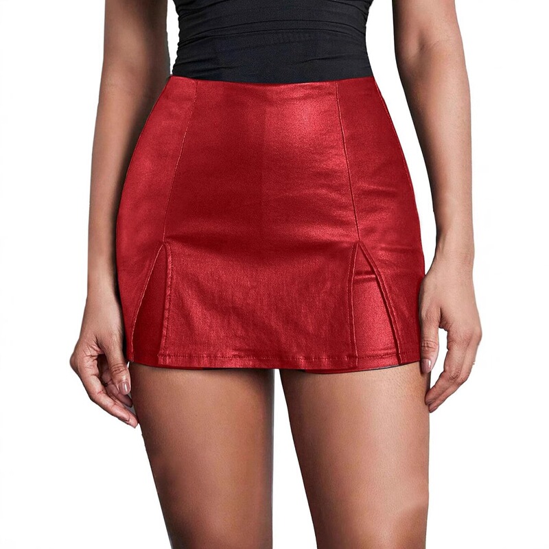 2025 Spring/Summer European and American Women's Low-Waist Anti-Exposure Pu Leather Hip-Hugging Sexy Shorts, Solid Color Slit Slim-Fit Shorts