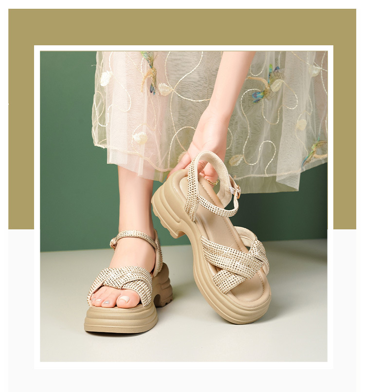 Sandal nữ đế dày đính đá phong cách La Mã, đế mềm tăng chiều cao — Màu đen chi tiết 2