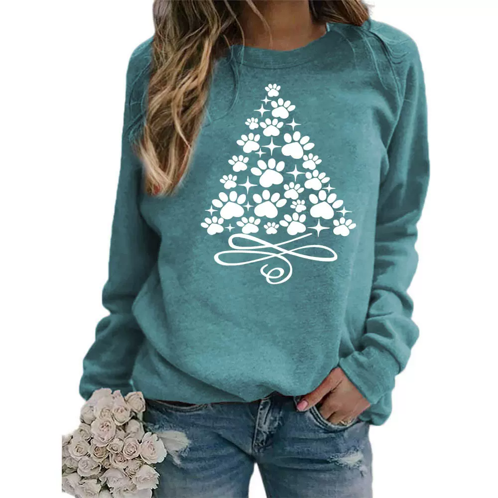 外贸货源狗脚圣诞树印花圆领上衣卫衣欧码女士外套长袖跨境秋冬季