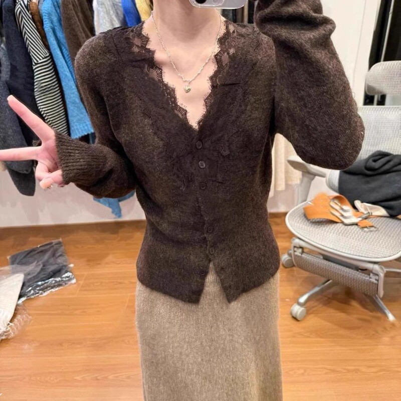 蕾丝花边领针织打底衫女秋冬款洋气内搭小衫高级感针织开衫上衣女|undefined