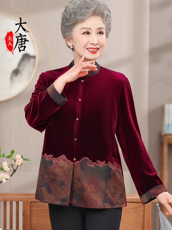 奶奶金丝绒衬衫女中老年人秋装老年妈妈长袖衬衣老人气质上衣秋|undefined