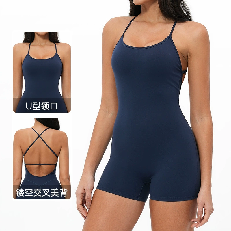 European and American cross-border nude jumpsuit cross hollow beautiful back outdoor casual short sports fitness jumpsuit 3562