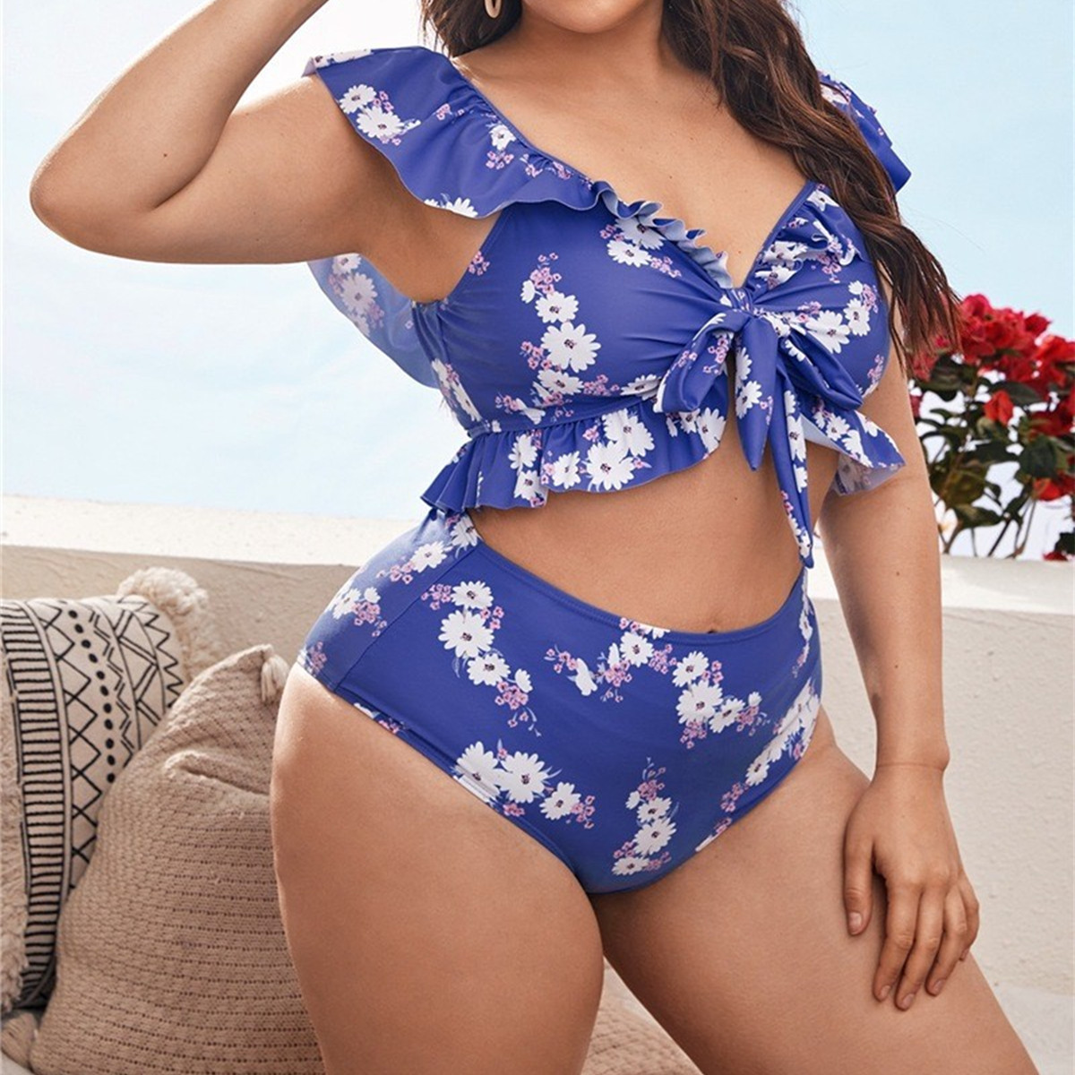 plus size floral print knotted ruffled tankini two-piece swimsuit  NSJHD121692