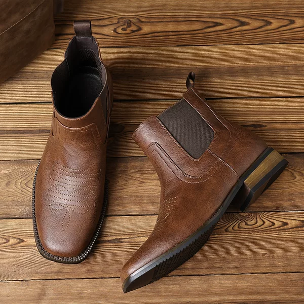 Large Size Retro Embroidered Western Cowboy Boots for Men, Low-Top Square-Toe Chunky Heel Chelsea Boots, Versatile Men's Boots for Export