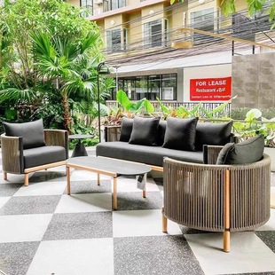 Outdoor Sofa Villa Casual Combination Rattan Sofa Solid Wood Coffee Table Outdoor Garden Courtyard Waterproof Sunscreen Furniture