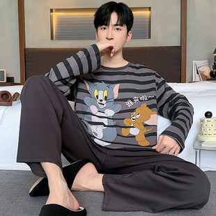 Popular Men's Pajamas Pure Cotton Long-Sleeved Autumn and Winter Teenagers and Students Spring & Fall Thin Style Can Be Worn Outside Home Clothes Set