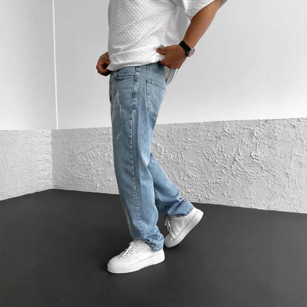 New Men's Simple Straight Leg Pants Printed Solid Color Loose Handsome Wide Leg Denim Pants
