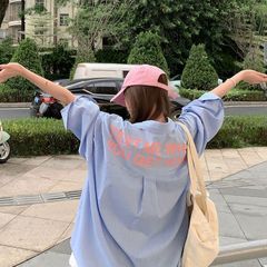 跨境美式韩系蓝色条纹衬衫女款春秋设计感宽松慵懒风长袖防晒上衣